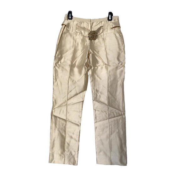 Roberto Cavalli Pants - Vintage Roberto US-2 Cavalli Cream Silk Rhinestone Brooch Belt Pants IT-38 Small